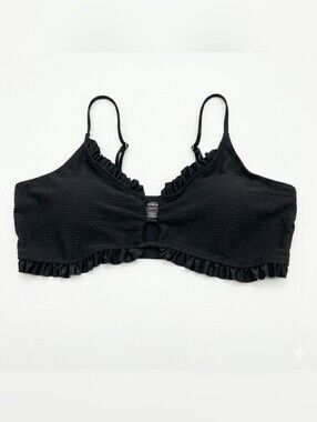 Ruffled Caged Bikini Top Swim Suit Ribbed Padded Black Womens Plus Size 4X